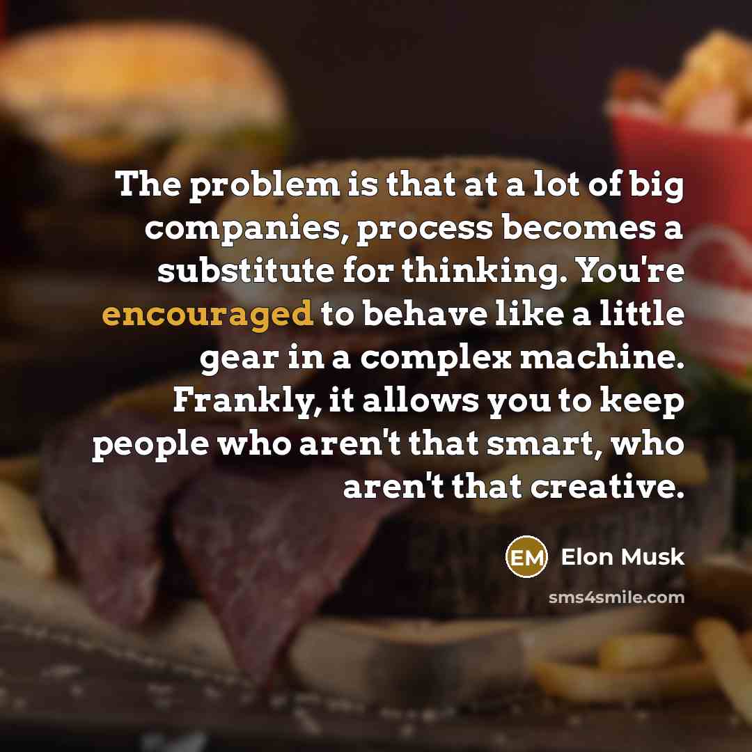 “The problem is that at a lot of big companies, process becomes a substitute for thinking. You're encouraged to behave like a little gear in a complex machine. Frankly, it allows you to keep people who aren't that smart, who aren't that creative.” quote by Elon Musk