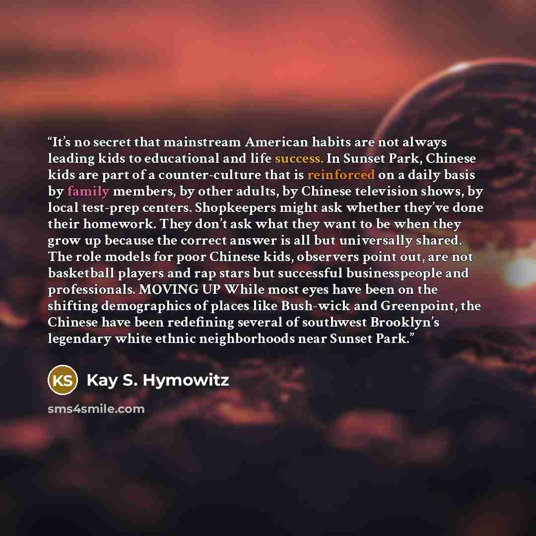 “It’s no secret that mainstream American habits are not always leading kids to educational and life success. In Sunset Park, Chinese kids are part of a counter-culture that is reinforced on a daily basis by family members, by other adults, by Chinese television shows, by local test-prep centers…” quote by Kay S. Hymowitz