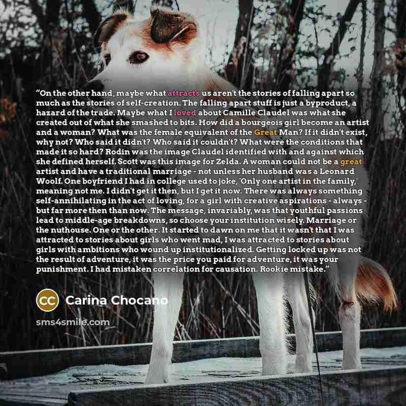 “On the other hand, maybe what attracts us aren't the stories of falling apart so much as the stories of self-creation. The falling apart stuff is just a byproduct, a hazard of the trade. Maybe what I loved about Camille Claudel was what she created out of what she smashed to bits. How did a…” quote by Carina Chocano