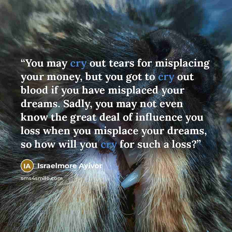 “You may cry out tears for misplacing your money, but you got to cry out blood if you have misplaced your dreams. Sadly, you may not even know the great deal of influence you loss when you misplace your dreams, so how will you cry for such a loss?” quote by Israelmore Ayivor