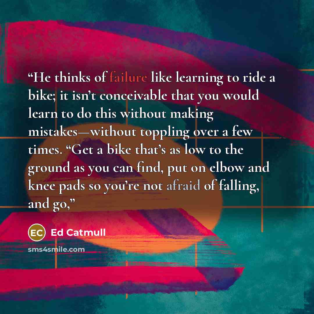 “He thinks of failure like learning to ride a bike; it isn’t conceivable that you would learn to do this without making mistakes—without toppling over a few times. “Get a bike that’s as low to the ground as you can find, put on elbow and knee pads so you’re not afraid of falling, and go,” quote by Ed Catmull