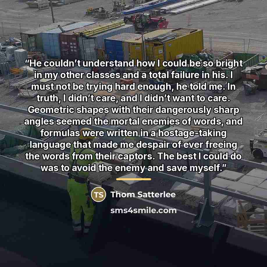 “He couldn’t understand how I could be so bright in my other classes and a total failure in his. I must not be trying hard enough, he told me. In truth, I didn’t care, and I didn’t want to care. Geometric shapes with their dangerously sharp angles seemed the mortal enemies of words, and formulas…” quote by Thom Satterlee