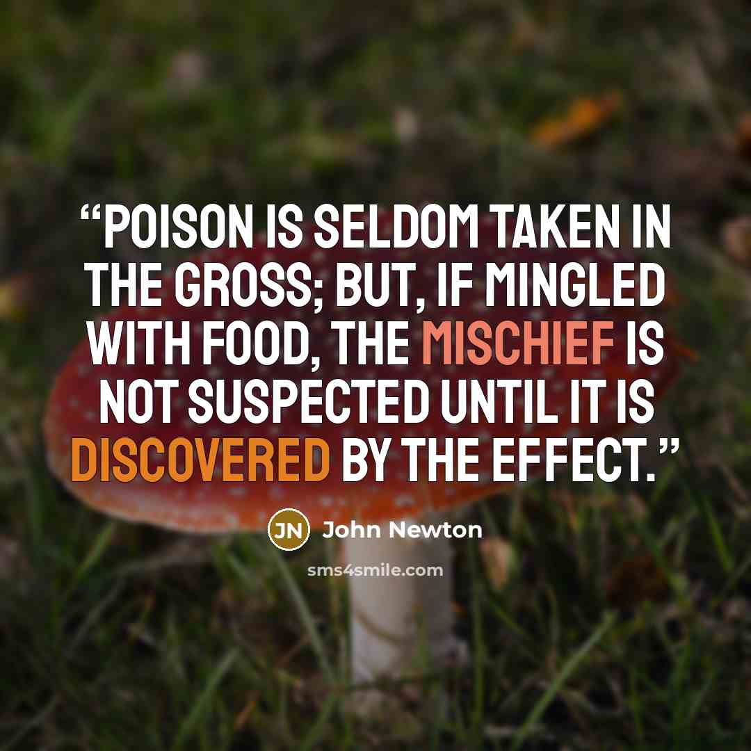 “Poison is seldom taken in the gross; but, if mingled with food, the mischief is not suspected until it is discovered by the effect.” quote by John Newton