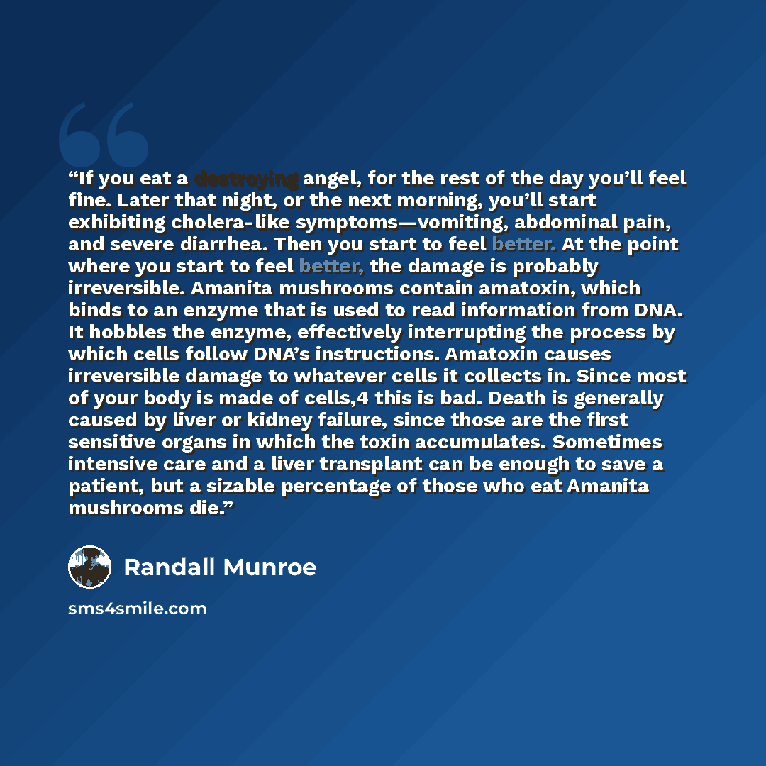 “If you eat a destroying angel, for the rest of the day you’ll feel fine. Later that night, or the next morning, you’ll start exhibiting cholera-like symptoms—vomiting, abdominal pain, and severe diarrhea. Then you start to feel better. At the point where you start to feel better, the damage is…” quote by Randall Munroe
