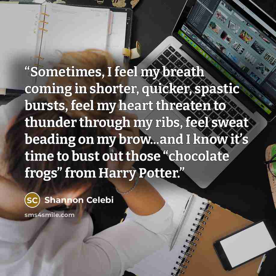 “Sometimes, I feel my breath coming in shorter, quicker, spastic bursts, feel my heart threaten to thunder through my ribs, feel sweat beading on my brow...and I know it’s time to bust out those “chocolate frogs” from Harry Potter.” quote by Shannon Celebi