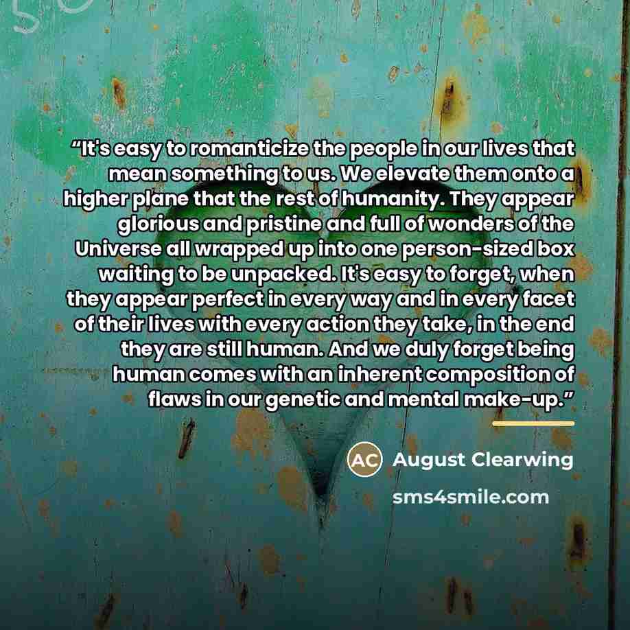 “It's easy to romanticize the people in our lives that mean something to us. We elevate them onto a higher plane that the rest of humanity. They appear glorious and pristine and full of wonders of the Universe all wrapped up into one person-sized box waiting to be unpacked. It's easy to forget…” quote by August Clearwing