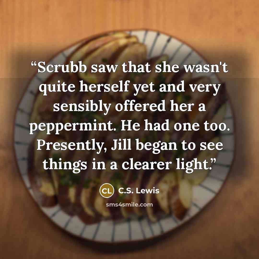 “Scrubb saw that she wasn't quite herself yet and very sensibly offered her a peppermint. He had one too. Presently, Jill began to see things in a clearer light.” quote by C.S. Lewis