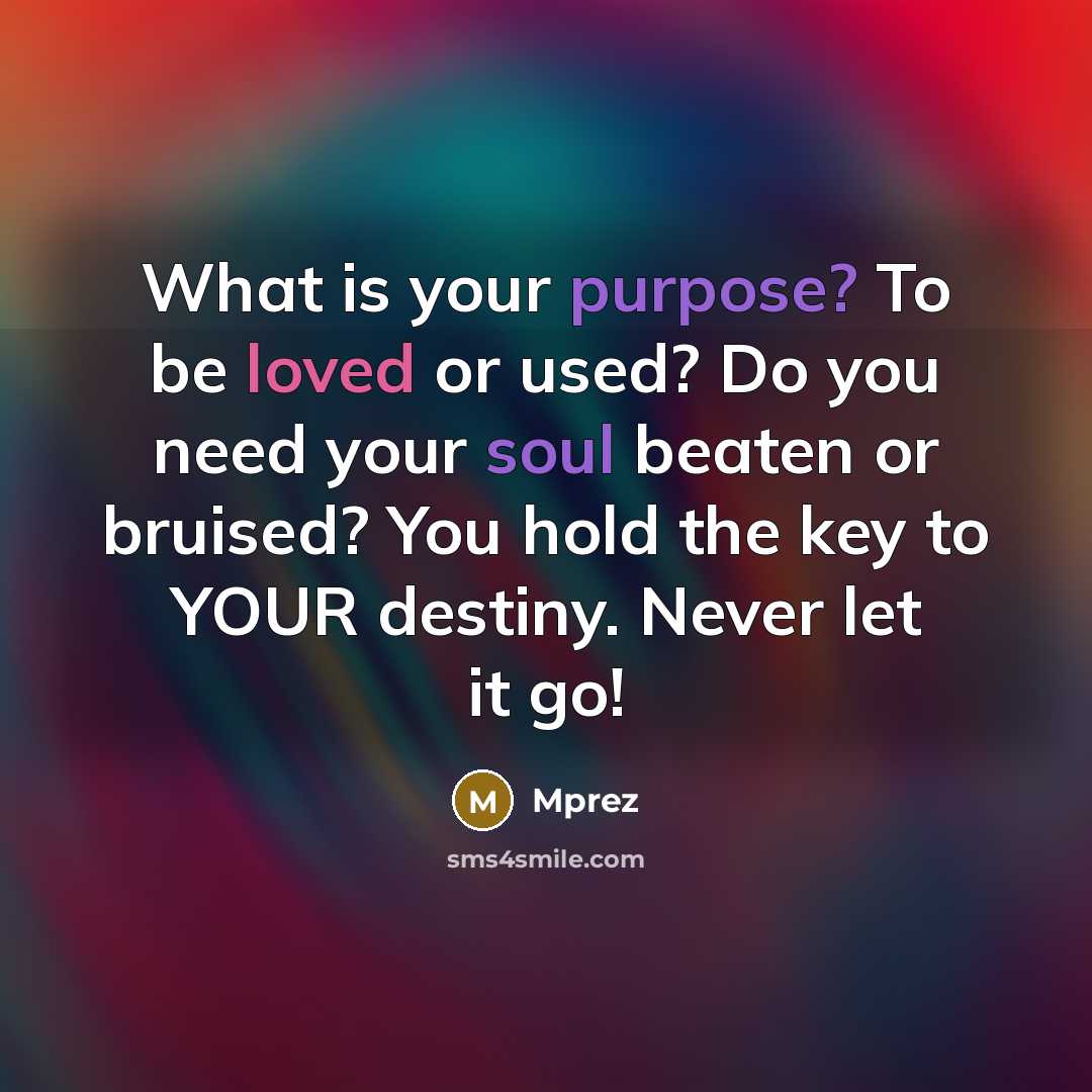 “What is your purpose? To be loved or used? Do you need your soul beaten or bruised? You hold the key to YOUR destiny. Never let it go!” quote by Mprez