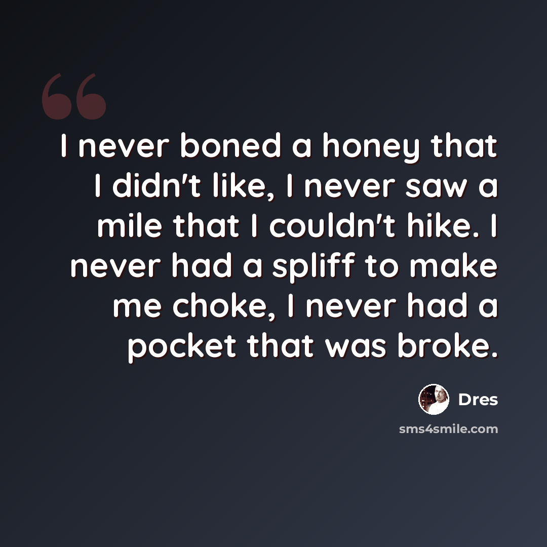 “I never boned a honey that I didn't like, I never saw a mile that I couldn't hike. I never had a spliff to make me choke, I never had a pocket that was broke.” quote by Dres
