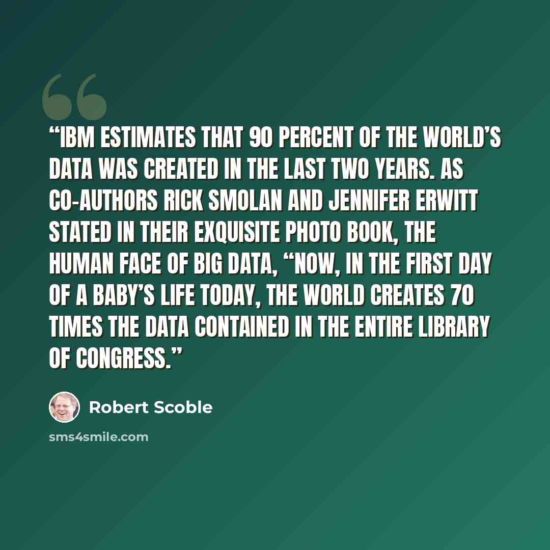 “IBM estimates that 90 percent of the world’s data was created in the last two years. As co-authors Rick Smolan and Jennifer Erwitt stated in their exquisite photo book, The Human Face of Big Data, “Now, in the first day of a baby’s life today, the world creates 70 times the data contained in the…” quote by Robert Scoble