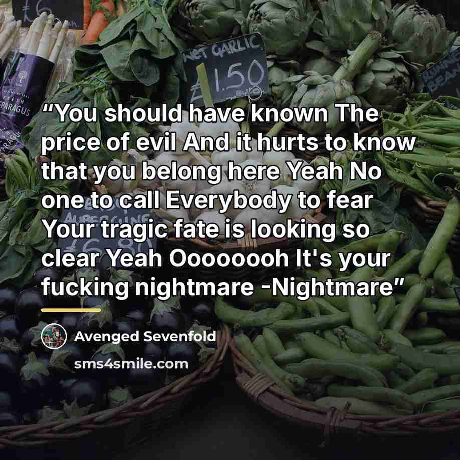 “You should have known The price of evil And it hurts to know that you belong here Yeah No one to call Everybody to fear Your tragic fate is looking so clear Yeah Oooooooh It's your fucking nightmare -Nightmare” quote by Avenged Sevenfold