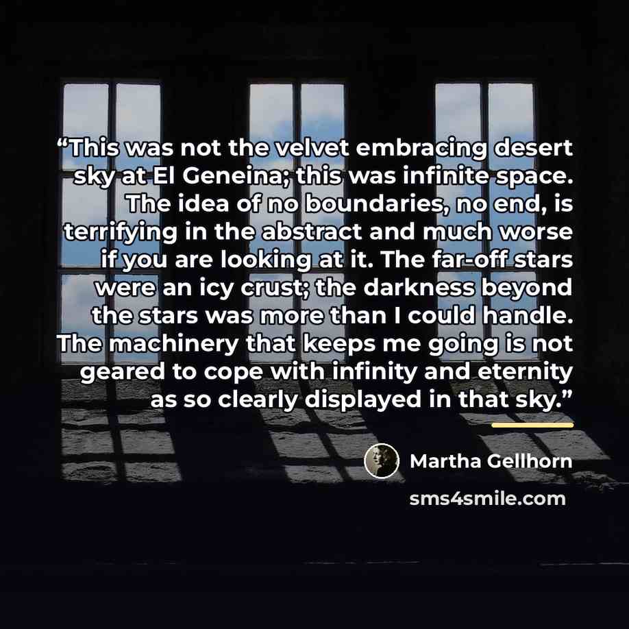 “This was not the velvet embracing desert sky at El Geneina; this was infinite space. The idea of no boundaries, no end, is terrifying in the abstract and much worse if you are looking at it. The far-off stars were an icy crust; the darkness beyond the stars was more than I could handle. The…” quote by Martha Gellhorn