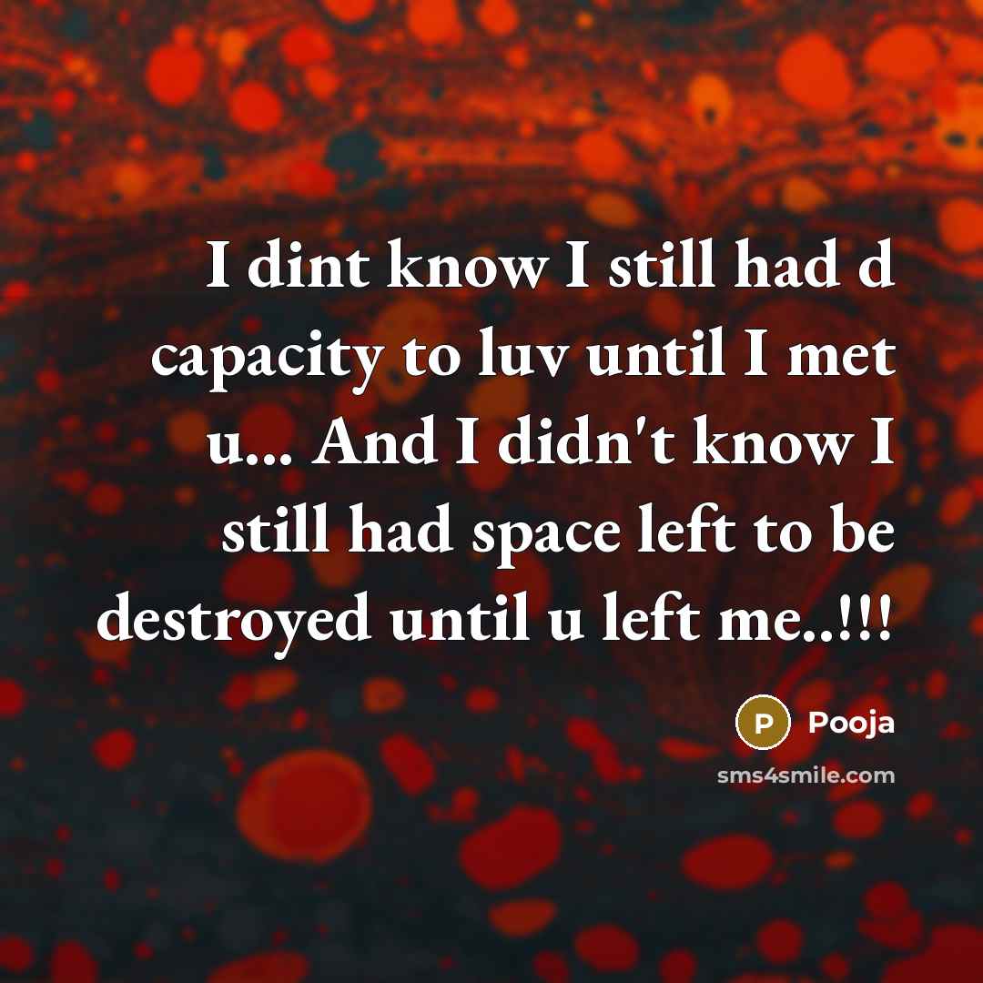 “I dint know I still had d capacity to luv until I met u... And I didn't know I still had space left to be destroyed until u left me..!!!” quote by Pooja