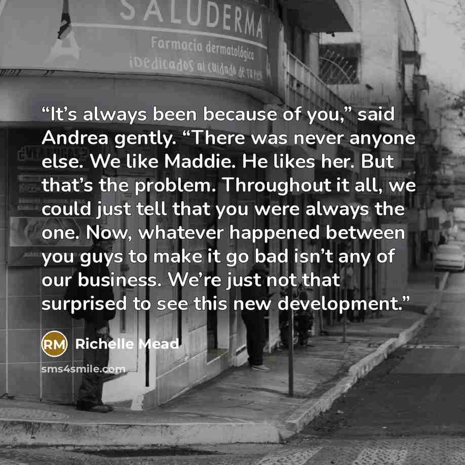 “It’s always been because of you,” said Andrea gently. “There was never anyone else. We like Maddie. He likes her. But that’s the problem. Throughout it all, we could just tell that you were always the one. Now, whatever happened between you guys to make it go bad isn’t any of our business. We’re…” quote by Richelle Mead