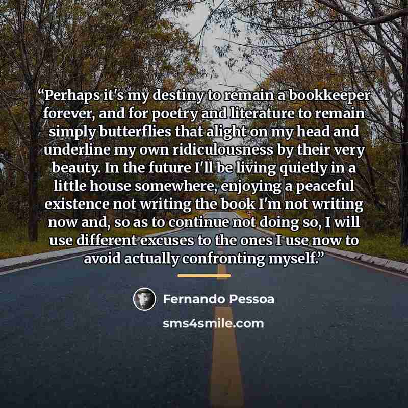 “Perhaps it's my destiny to remain a bookkeeper forever, and for poetry and literature to remain simply butterflies that alight on my head and underline my own ridiculousness by their very beauty. In the future I'll be living quietly in a little house somewhere, enjoying a peaceful existence not…” quote by Fernando Pessoa