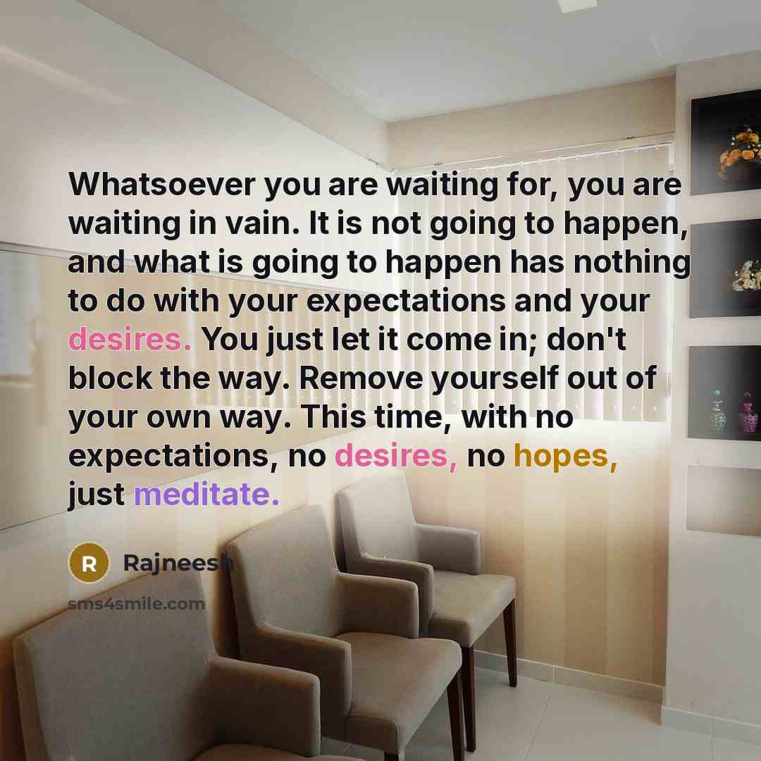 “Whatsoever you are waiting for, you are waiting in vain. It is not going to happen, and what is going to happen has nothing to do with your expectations and your desires. You just let it come in; don't block the way. Remove yourself out of your own way. This time, with no expectations, no desires…” quote by Rajneesh