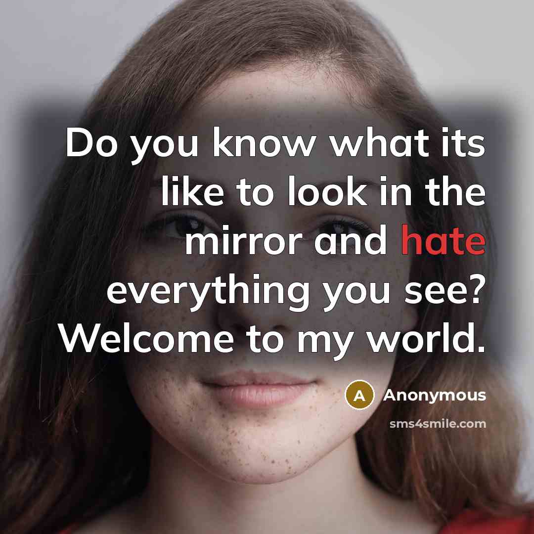 “Do you know what its like to look in the mirror and hate everything you see? Welcome to my world.” quote by Anonymous