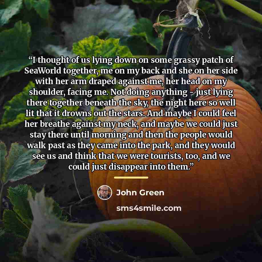 “I thought of us lying down on some grassy patch of SeaWorld together, me on my back and she on her side with her arm draped against me, her head on my shoulder, facing me. Not doing anything - just lying there together beneath the sky, the night here so well lit that it drowns out the stars. And…” quote by John Green