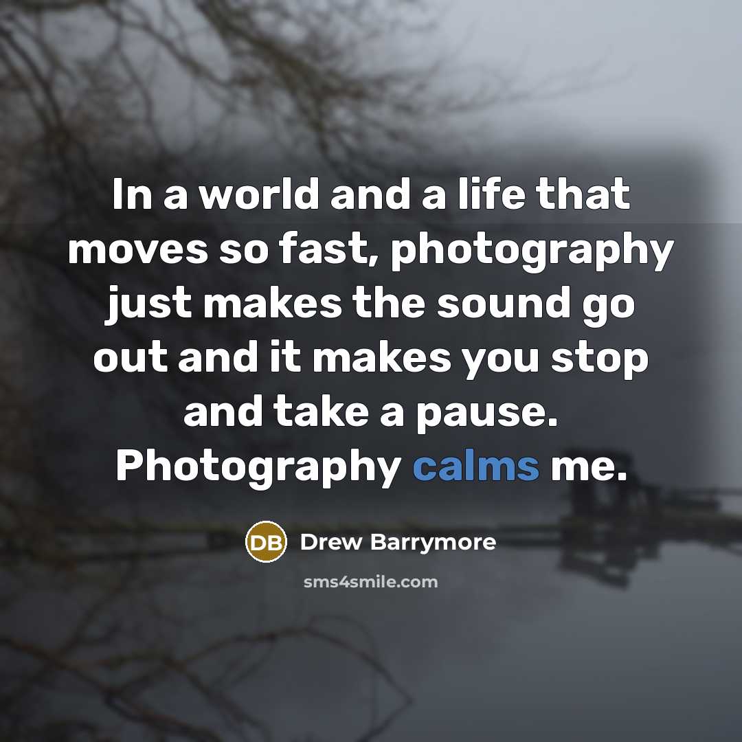 “In a world and a life that moves so fast, photography just makes the sound go out and it makes you stop and take a pause. Photography calms me.” quote by Drew Barrymore