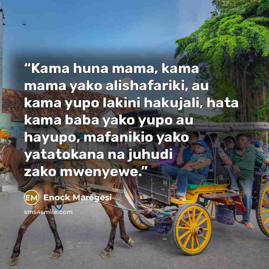 “Kama huna mama, kama mama yako alishafariki, au kama yupo lakini hakujali, hata kama baba yako yupo au hayupo, mafanikio yako yatatokana na juhudi zako mwenyewe.” quote by Enock Maregesi