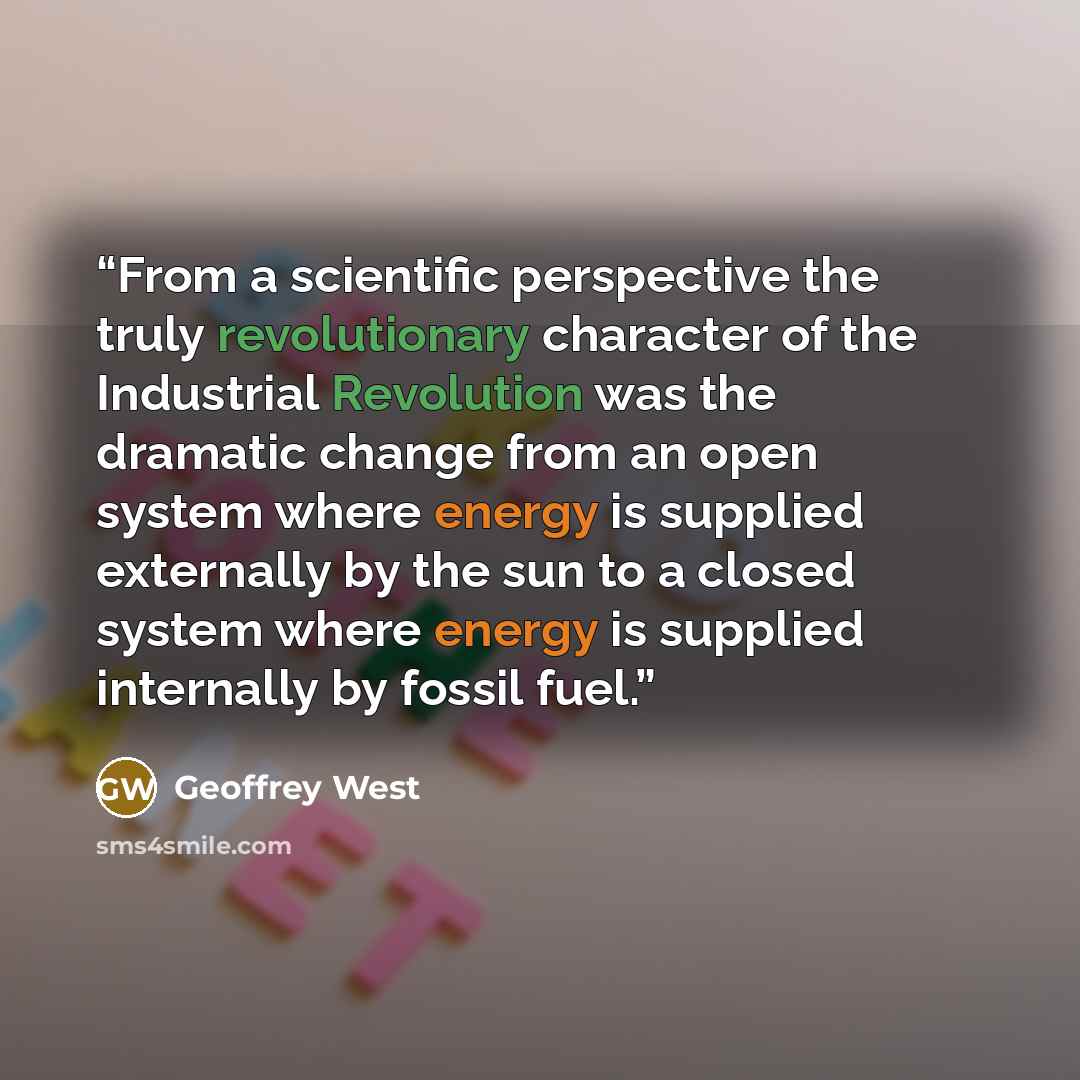 “From a scientific perspective the truly revolutionary character of the Industrial Revolution was the dramatic change from an open system where energy is supplied externally by the sun to a closed system where energy is supplied internally by fossil fuel.” quote by Geoffrey West