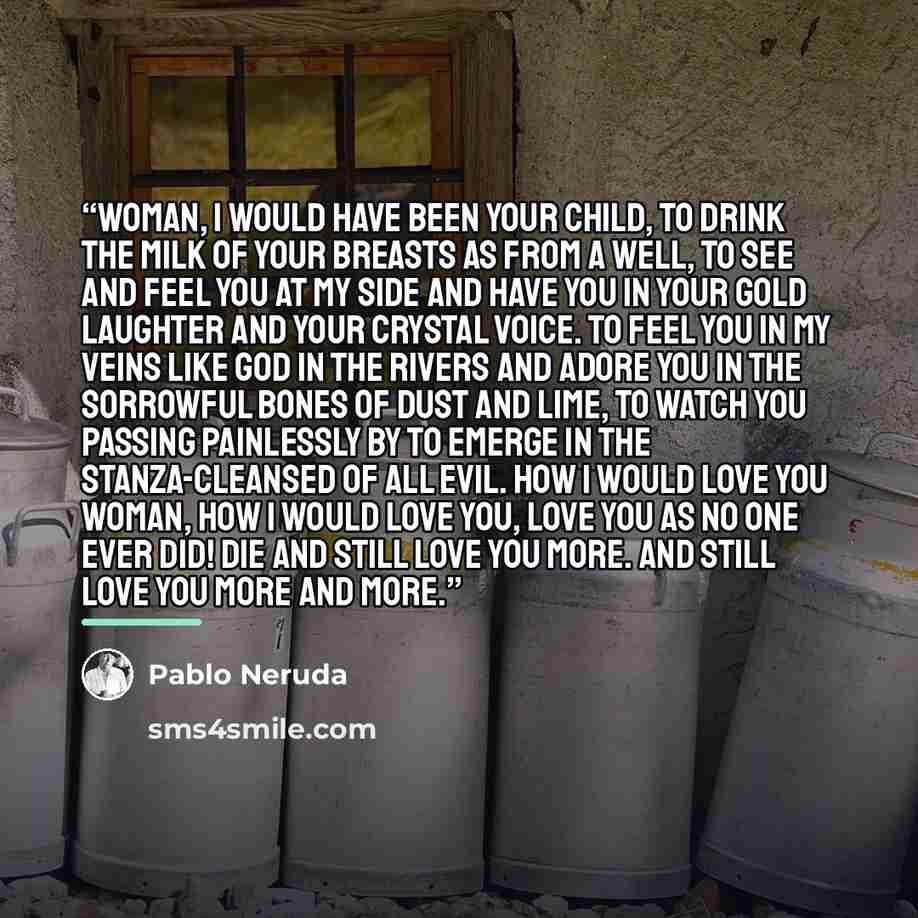 “Woman, I would have been your child, to drink the milk of your breasts as from a well, to see and feel you at my side and have you in your gold laughter and your crystal voice. To feel you in my veins like God in the rivers and adore you in the sorrowful bones of dust and lime, to watch you…” quote by Pablo Neruda