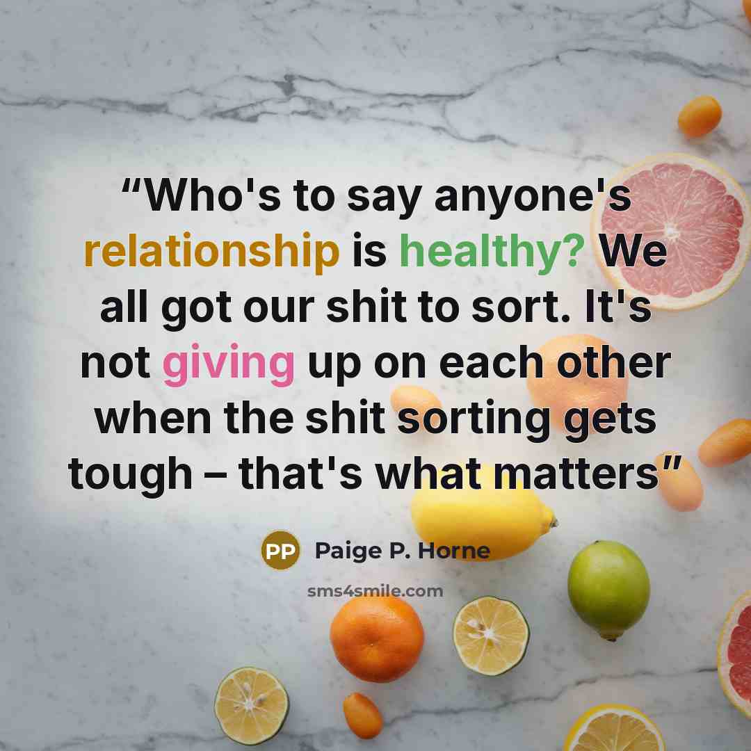 “Who's to say anyone's relationship is healthy? We all got our shit to sort. It's not giving up on each other when the shit sorting gets tough – that's what matters” quote by Paige P. Horne