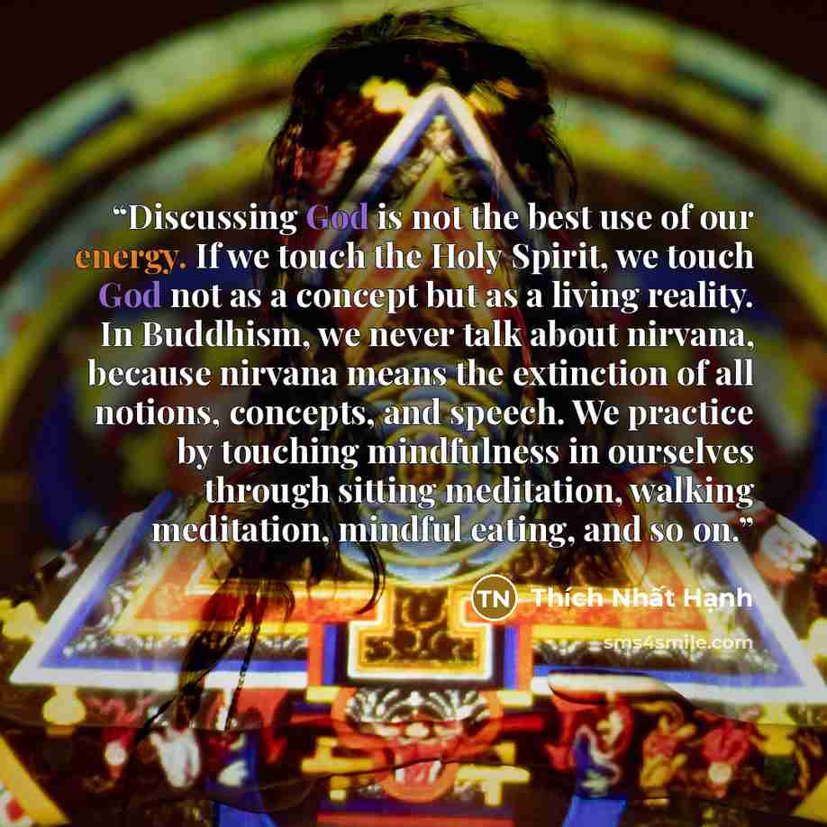 “Discussing God is not the best use of our energy. If we touch the Holy Spirit, we touch God not as a concept but as a living reality. In Buddhism, we never talk about nirvana, because nirvana means the extinction of all notions, concepts, and speech. We practice by touching mindfulness in…” quote by Thích Nhất Hạnh