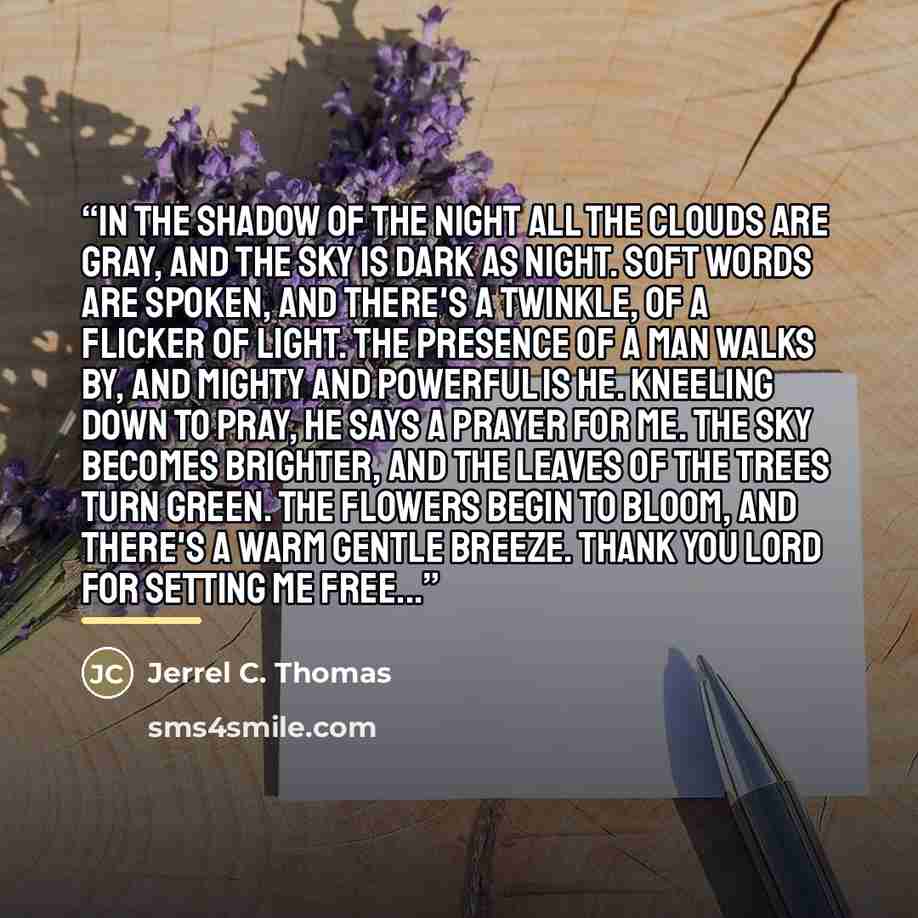 “In The Shadow Of The Night All the clouds are gray, and the sky is dark as night. Soft words are spoken, and there's a twinkle, of a flicker of light. The presence of a Man walks by, and Mighty and Powerful is He. Kneeling down to pray, He says a prayer for me. The sky becomes brighter, and the…” quote by Jerrel C. Thomas