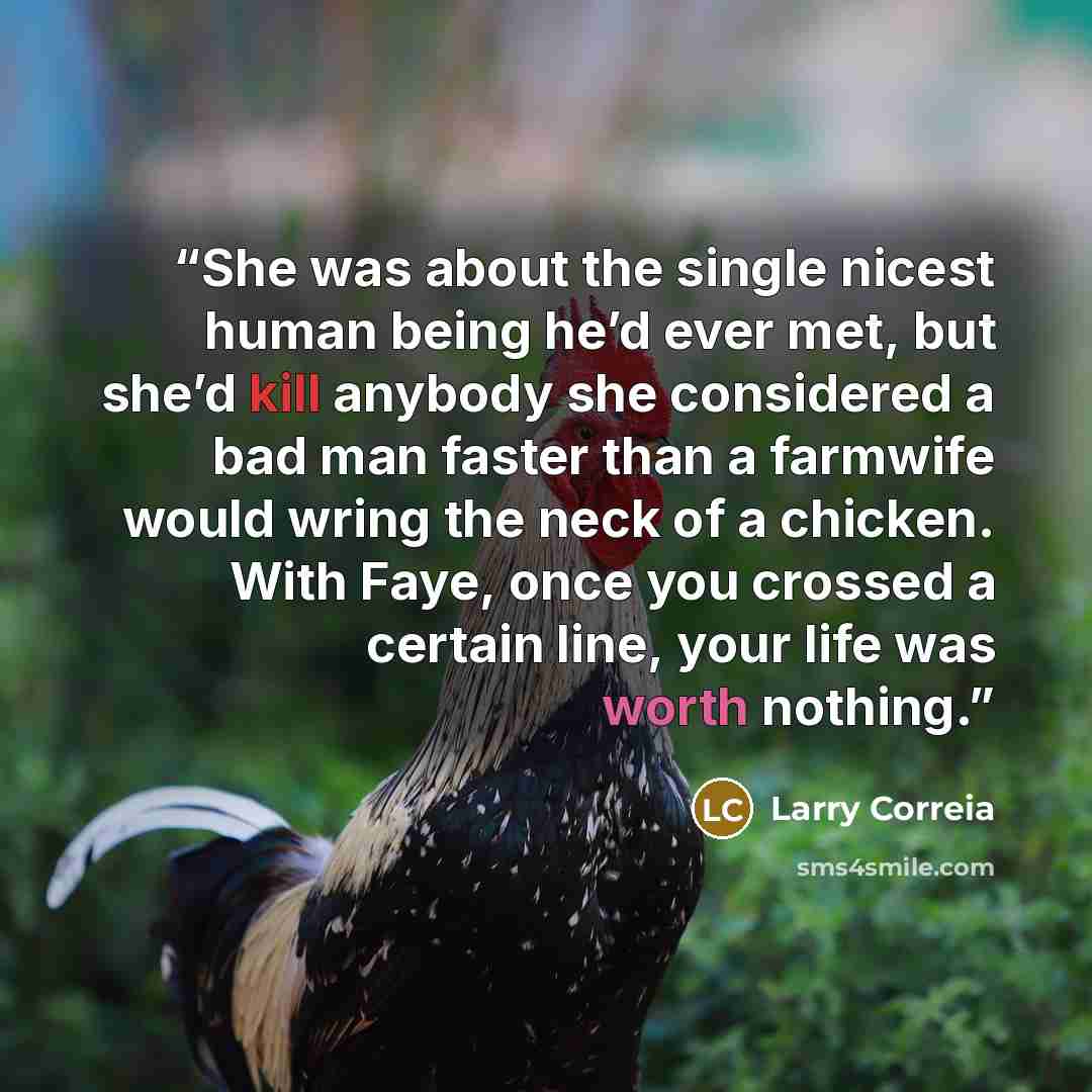 “She was about the single nicest human being he’d ever met, but she’d kill anybody she considered a bad man faster than a farmwife would wring the neck of a chicken. With Faye, once you crossed a certain line, your life was worth nothing.” quote by Larry Correia
