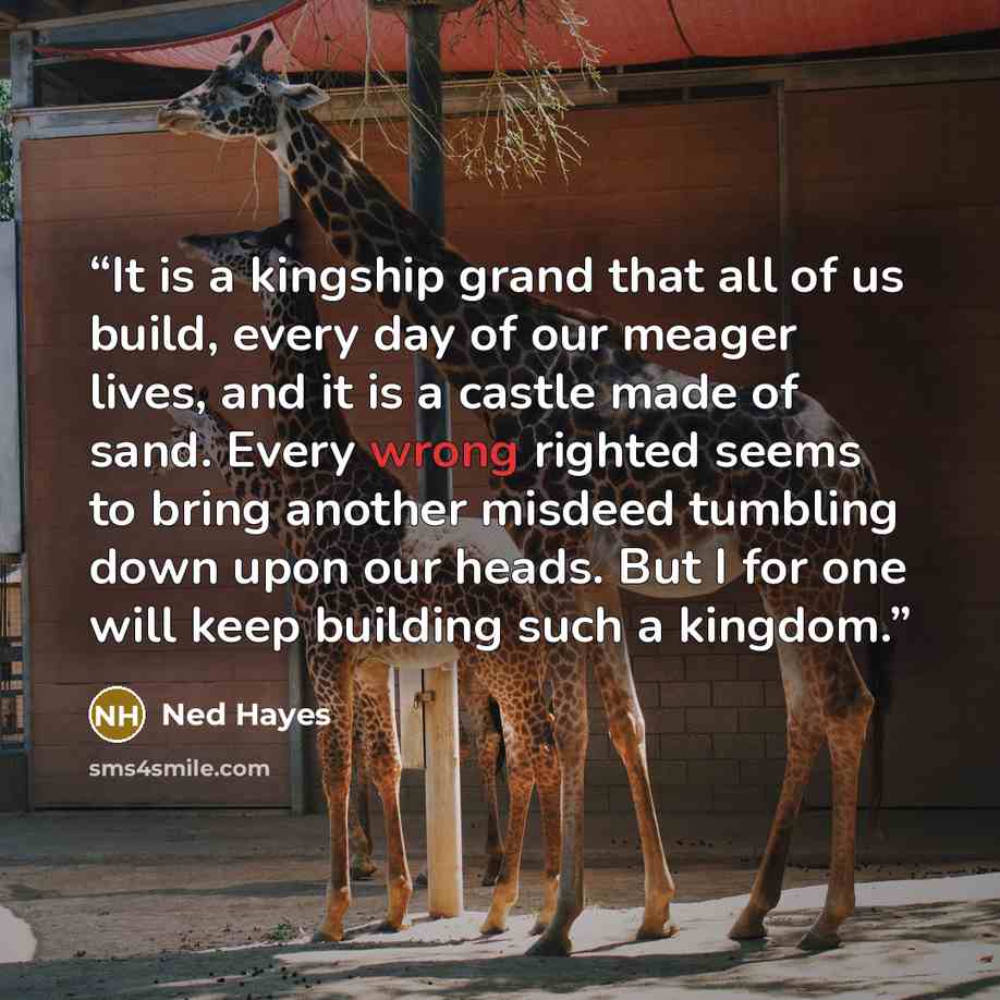 “It is a kingship grand that all of us build, every day of our meager lives, and it is a castle made of sand. Every wrong righted seems to bring another misdeed tumbling down upon our heads. But I for one will keep building such a kingdom.” quote by Ned Hayes