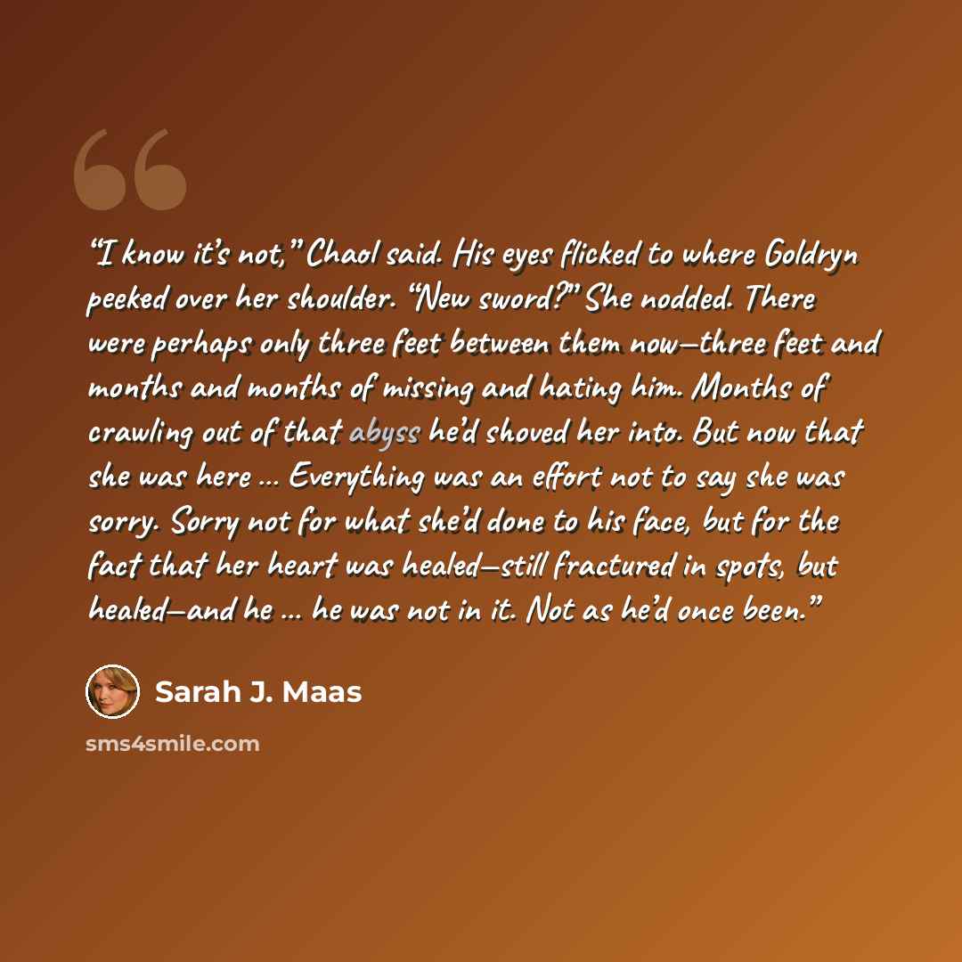 “I know it’s not,” Chaol said. His eyes flicked to where Goldryn peeked over her shoulder. “New sword?” She nodded. There were perhaps only three feet between them now—three feet and months and months of missing and hating him. Months of crawling out of that abyss he’d shoved her into. But now that…” quote by Sarah J. Maas