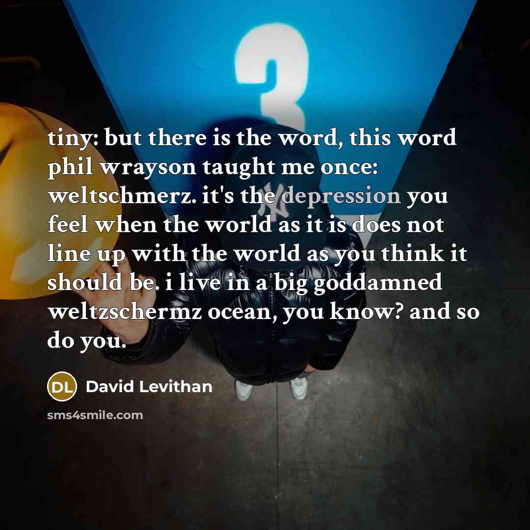 “tiny: but there is the word, this word phil wrayson taught me once: weltschmerz. it's the depression you feel when the world as it is does not line up with the world as you think it should be. i live in a big goddamned weltzschermz ocean, you know? and so do you.” quote by David Levithan