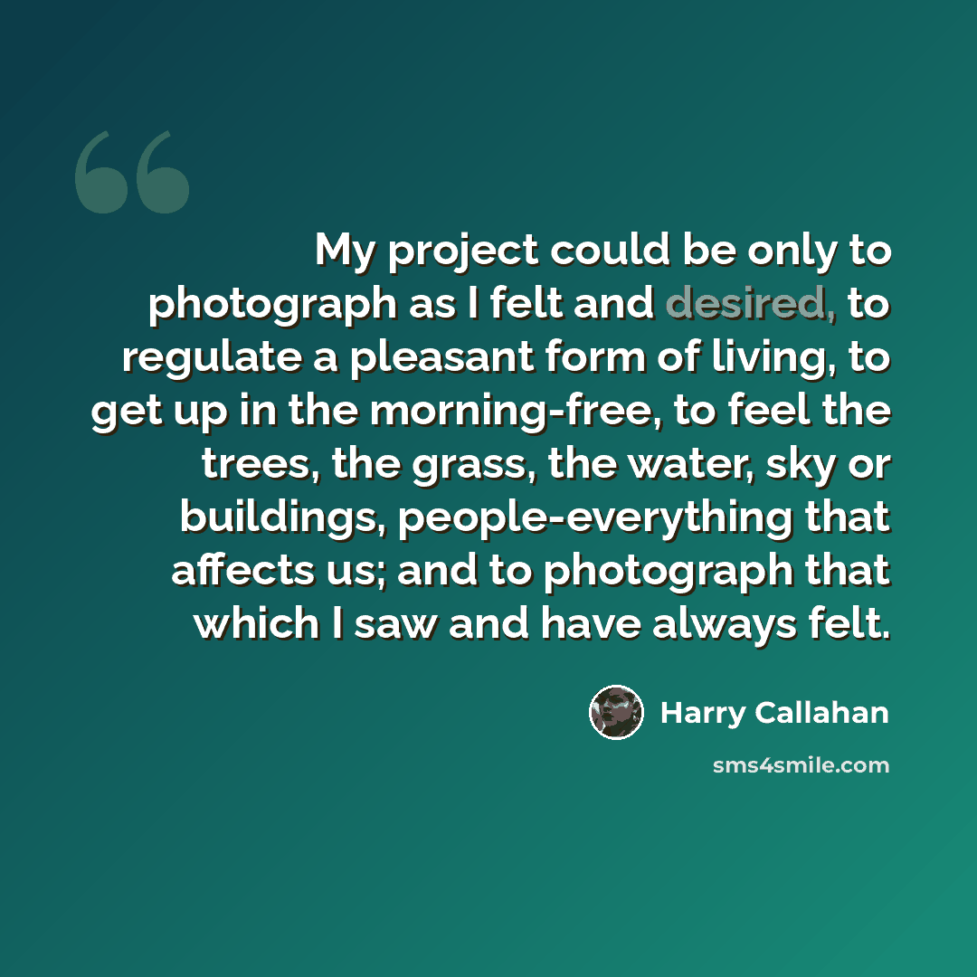 “My project could be only to photograph as I felt and desired, to regulate a pleasant form of living, to get up in the morning-free, to feel the trees, the grass, the water, sky or buildings, people-everything that affects us; and to photograph that which I saw and have always felt.” quote by Harry Callahan