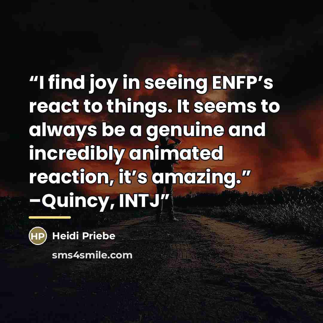 “I find joy in seeing ENFP’s react to things. It seems to always be a genuine and incredibly animated reaction, it’s amazing.” –Quincy, INTJ” quote by Heidi Priebe