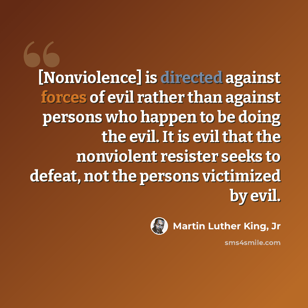 “[Nonviolence] is directed against forces of evil rather than against persons who happen to be doing the evil. It is evil that the nonviolent resister seeks to defeat, not the persons victimized by evil.” quote by Martin Luther King, Jr