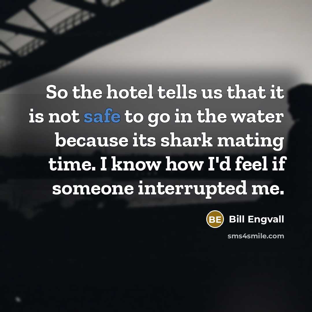 “So the hotel tells us that it is not safe to go in the water because its shark mating time. I know how I'd feel if someone interrupted me.” quote by Bill Engvall