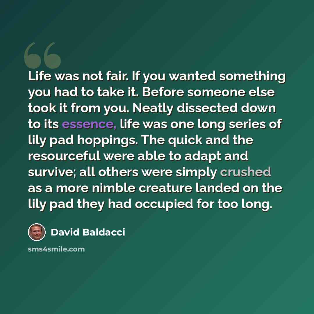“Life was not fair. If you wanted something you had to take it. Before someone else took it from you. Neatly dissected down to its essence, life was one long series of lily pad hoppings. The quick and the resourceful were able to adapt and survive; all others were simply crushed as a more nimble…” quote by David Baldacci