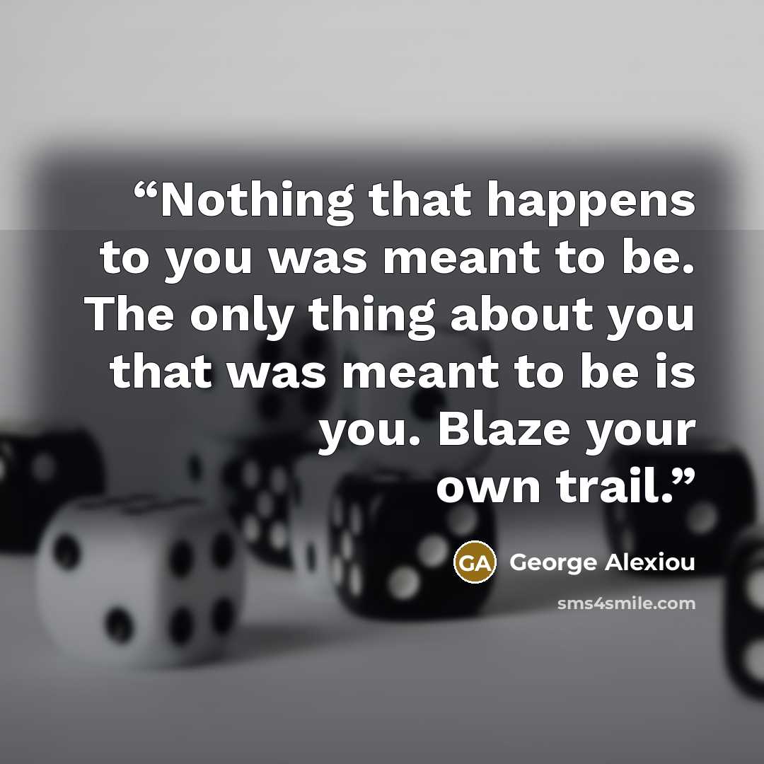“Nothing that happens to you was meant to be. The only thing about you that was meant to be is you. Blaze your own trail.” quote by George Alexiou