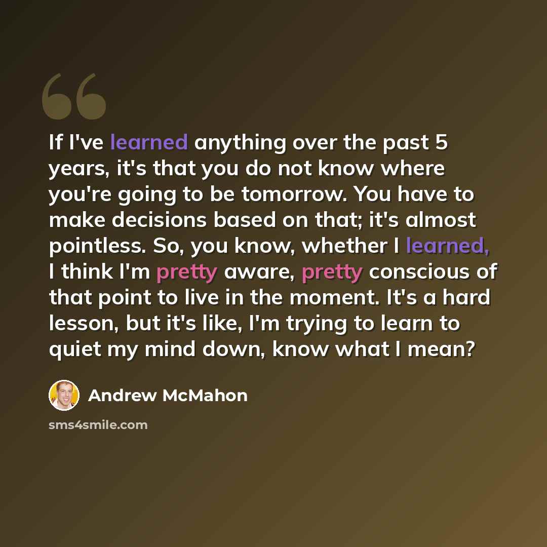 “If I've learned anything over the past 5 years, it's that you do not know where you're going to be tomorrow. You have to make decisions based on that; it's almost pointless. So, you know, whether I learned, I think I'm pretty aware, pretty conscious of that point to live in the moment. It's a hard…” quote by Andrew McMahon