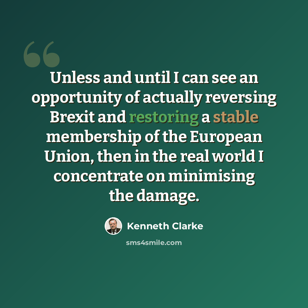 “Unless and until I can see an opportunity of actually reversing Brexit and restoring a stable membership of the European Union, then in the real world I concentrate on minimising the damage.” quote by Kenneth Clarke