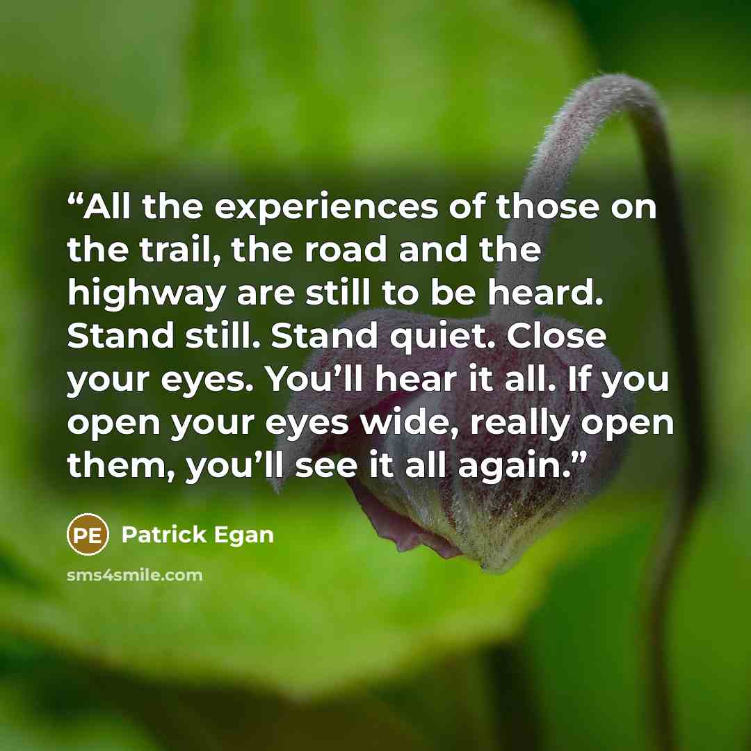 “All the experiences of those on the trail, the road and the highway are still to be heard. Stand still. Stand quiet. Close your eyes. You’ll hear it all. If you open your eyes wide, really open them, you’ll see it all again.” quote by Patrick Egan