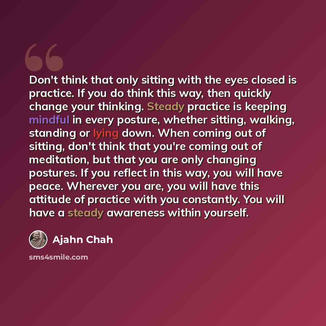 “Don't think that only sitting with the eyes closed is practice. If you do think this way, then quickly change your thinking. Steady practice is keeping mindful in every posture, whether sitting, walking, standing or lying down. When coming out of sitting, don't think that you're coming out of…” quote by Ajahn Chah