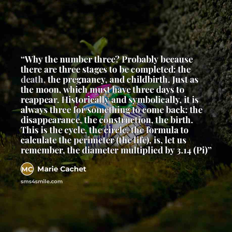“Why the number three? Probably because there are three stages to be completed: the death, the pregnancy, and childbirth. Just as the moon, which must have three days to reappear. Historically and symbolically, it is always three for something to come back: the disappearance, the construction, the…” quote by Marie Cachet