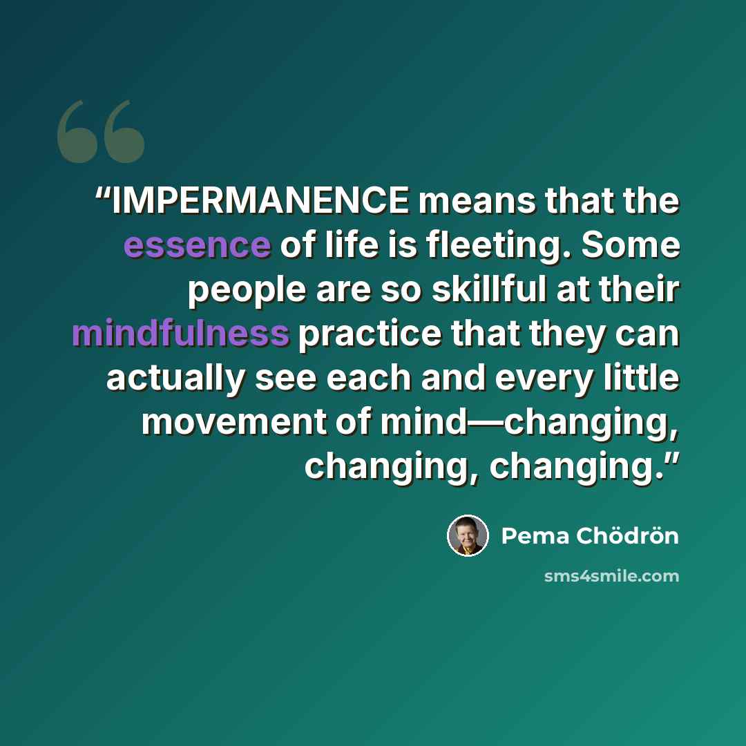 “IMPERMANENCE means that the essence of life is fleeting. Some people are so skillful at their mindfulness practice that they can actually see each and every little movement of mind—changing, changing, changing.” quote by Pema Chödrön