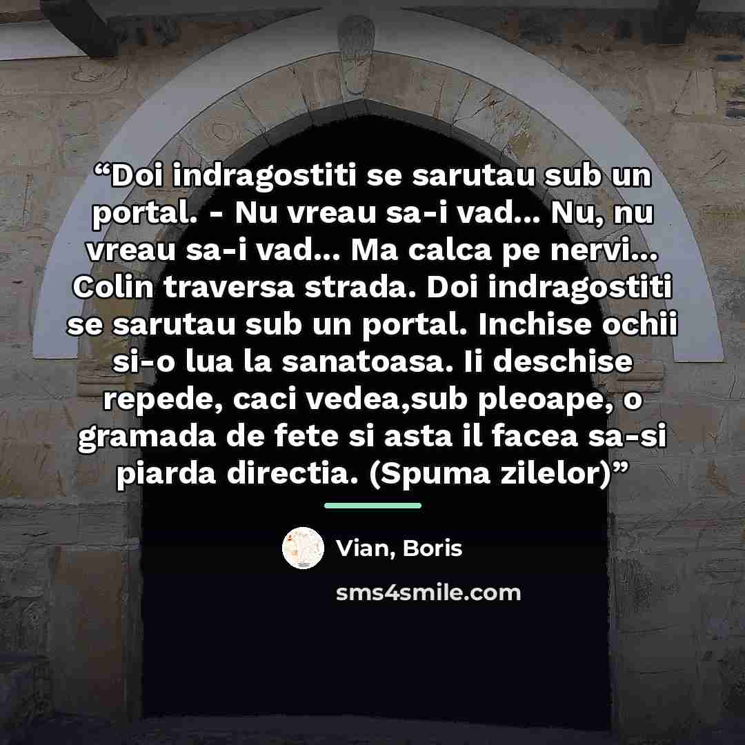 “Doi indragostiti se sarutau sub un portal. - Nu vreau sa-i vad... Nu, nu vreau sa-i vad... Ma calca pe nervi... Colin traversa strada. Doi indragostiti se sarutau sub un portal. Inchise ochii si-o lua la sanatoasa. Ii deschise repede, caci vedea,sub pleoape, o gramada de fete si asta il facea…” quote by Vian, Boris