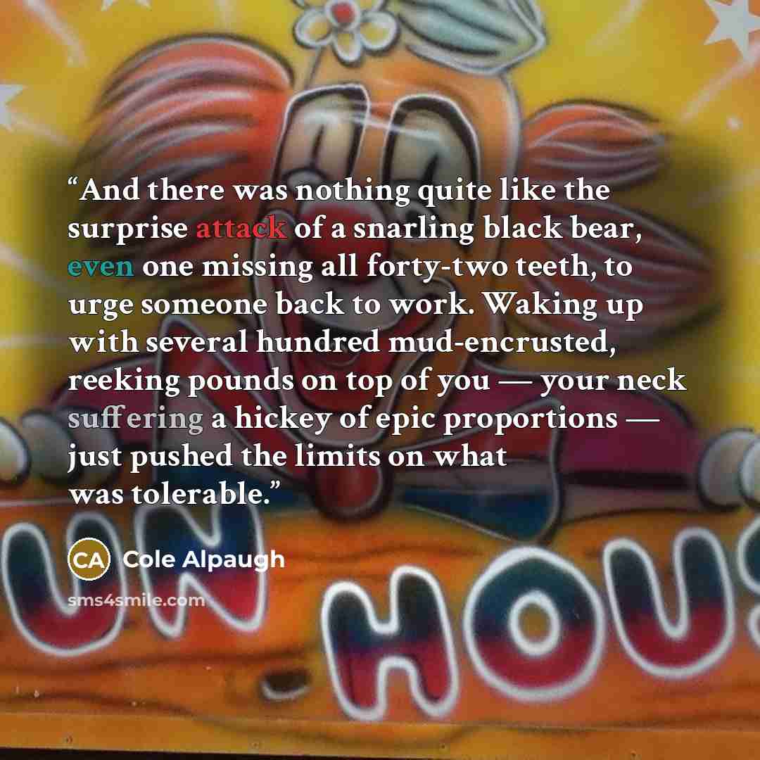 “And there was nothing quite like the surprise attack of a snarling black bear, even one missing all forty-two teeth, to urge someone back to work. Waking up with several hundred mud-encrusted, reeking pounds on top of you — your neck suffering a hickey of epic proportions — just pushed the limits…” quote by Cole Alpaugh