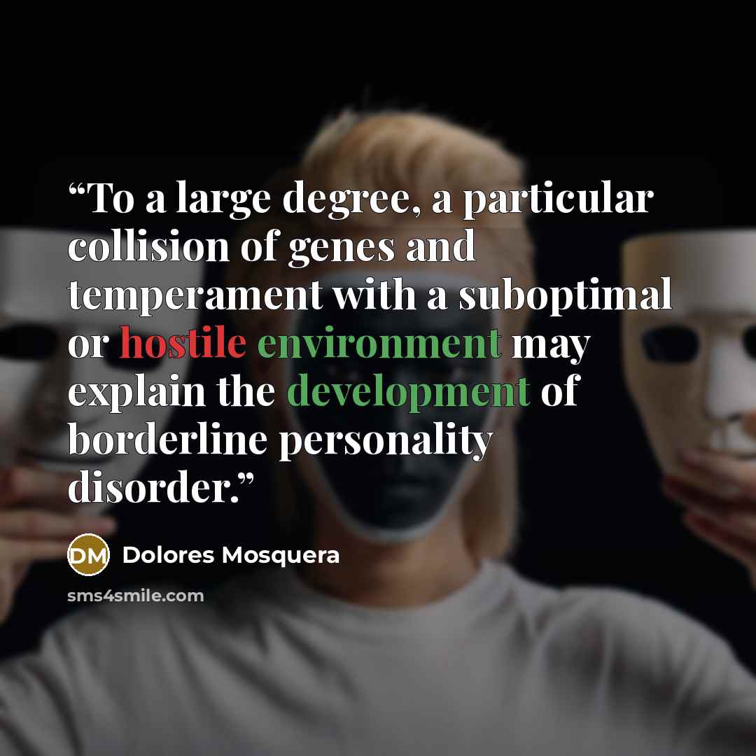 “To a large degree, a particular collision of genes and temperament with a suboptimal or hostile environment may explain the development of borderline personality disorder.” quote by Dolores Mosquera