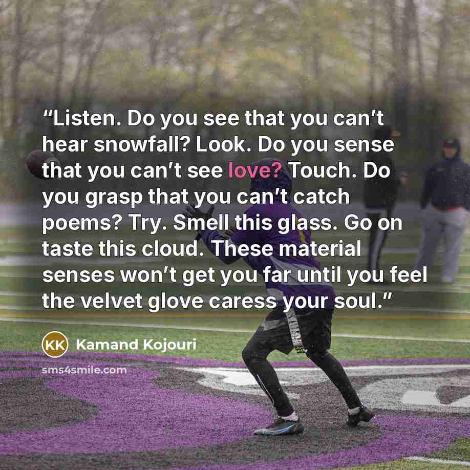 “Listen. Do you see that you can’t hear snowfall? Look. Do you sense that you can’t see love? Touch. Do you grasp that you can’t catch poems? Try. Smell this glass. Go on taste this cloud. These material senses won’t get you far until you feel the velvet glove caress your soul.” quote by Kamand Kojouri
