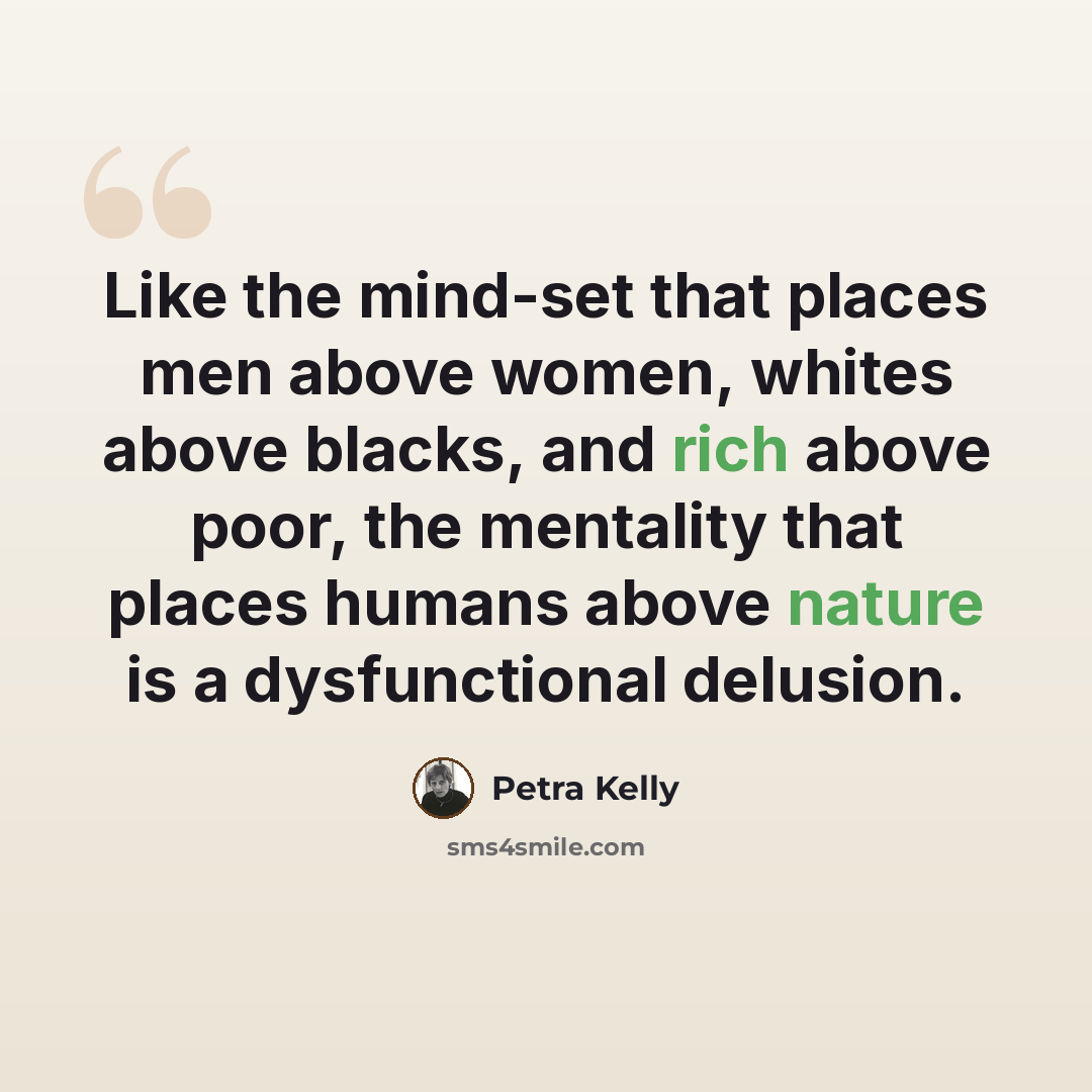 “Like the mind-set that places men above women, whites above blacks, and rich above poor, the mentality that places humans above nature is a dysfunctional delusion.” quote by Petra Kelly